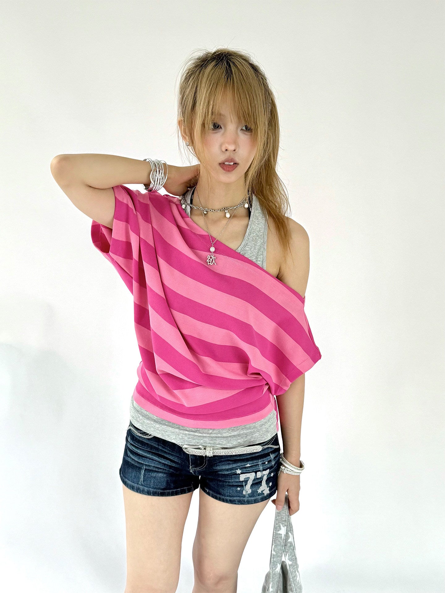 Berry Stripe Off-Shoulder Layered Tee