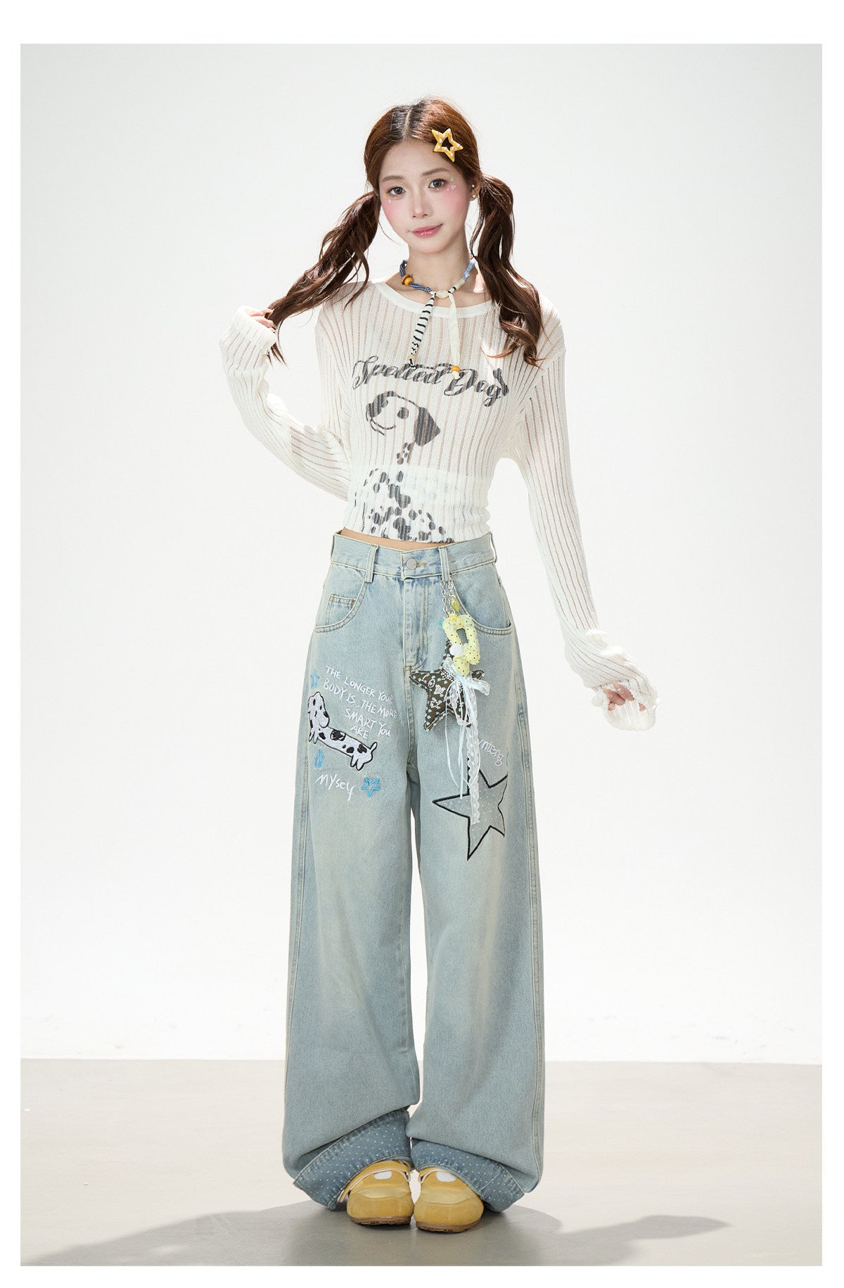 Puppy & Star Graphic Washed Wide-Leg Jeans