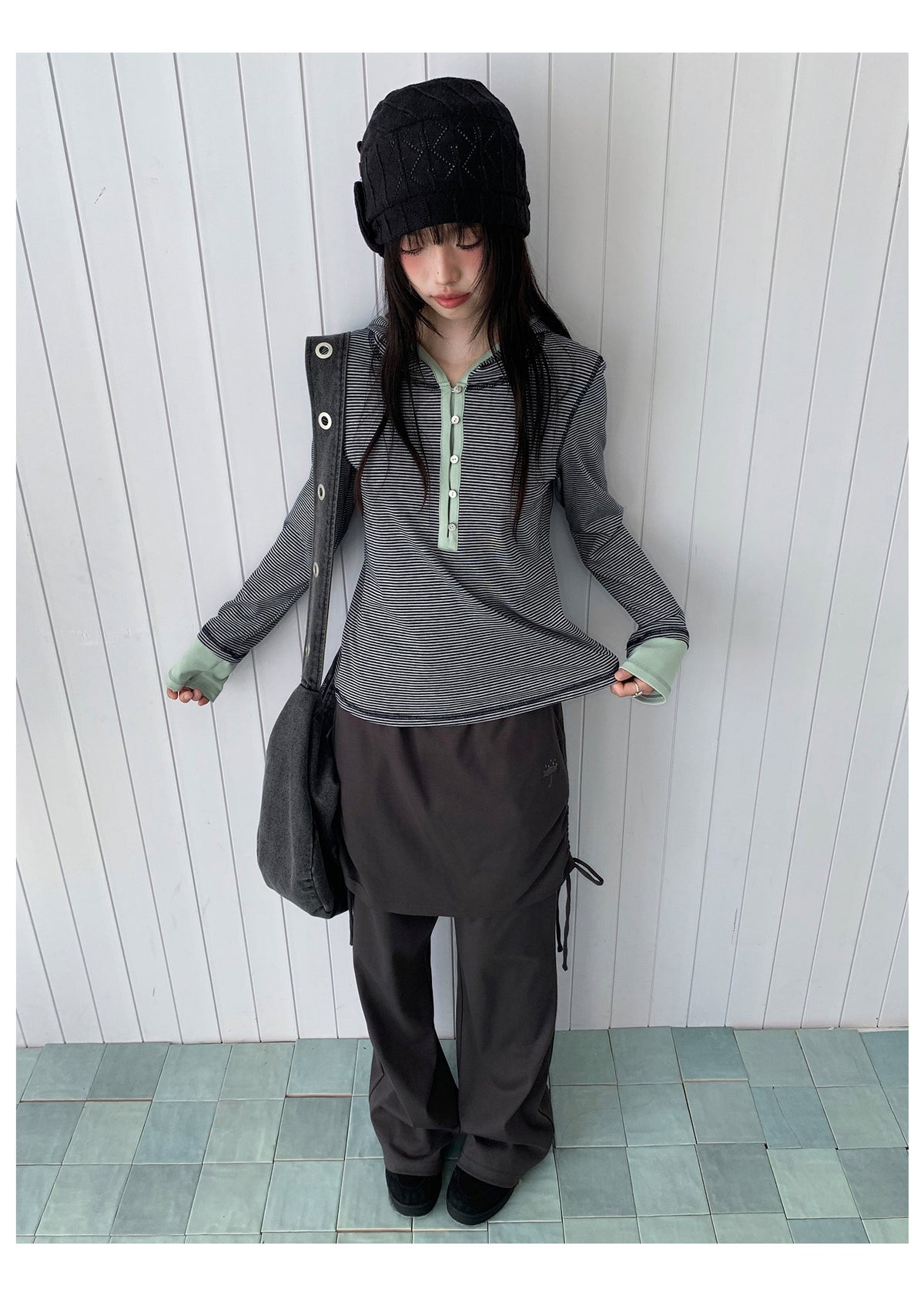 Blue-Gray Stripe Contrast Hooded Long Sleeve Top