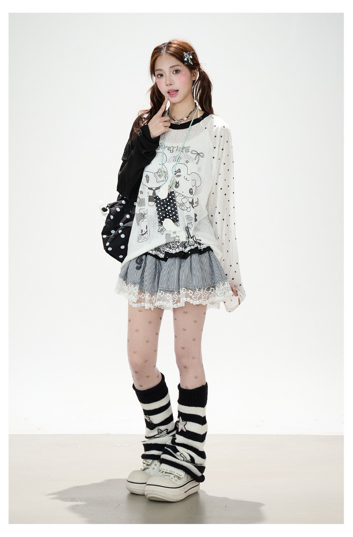 Cartoon Star Sheer Long Sleeve Top & Black Music Lace Gingham Mini Skirt