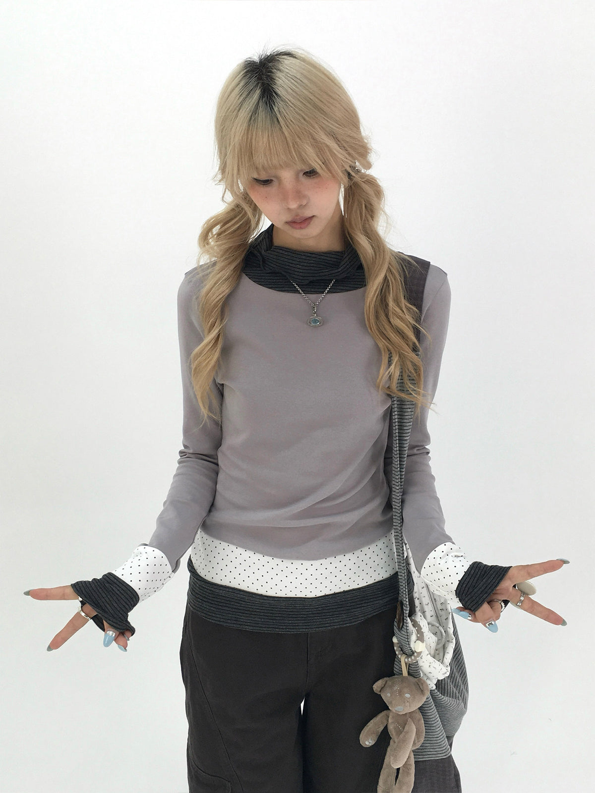 Mist Gray Polka Dot & Stripe Faux-Layer Long Sleeve Top
