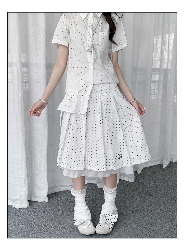 Polka Dot Pleated Ruffle Midi Skirt