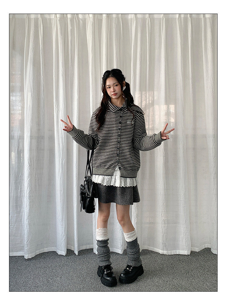 Striped Polo-Collar Knit Cardigan