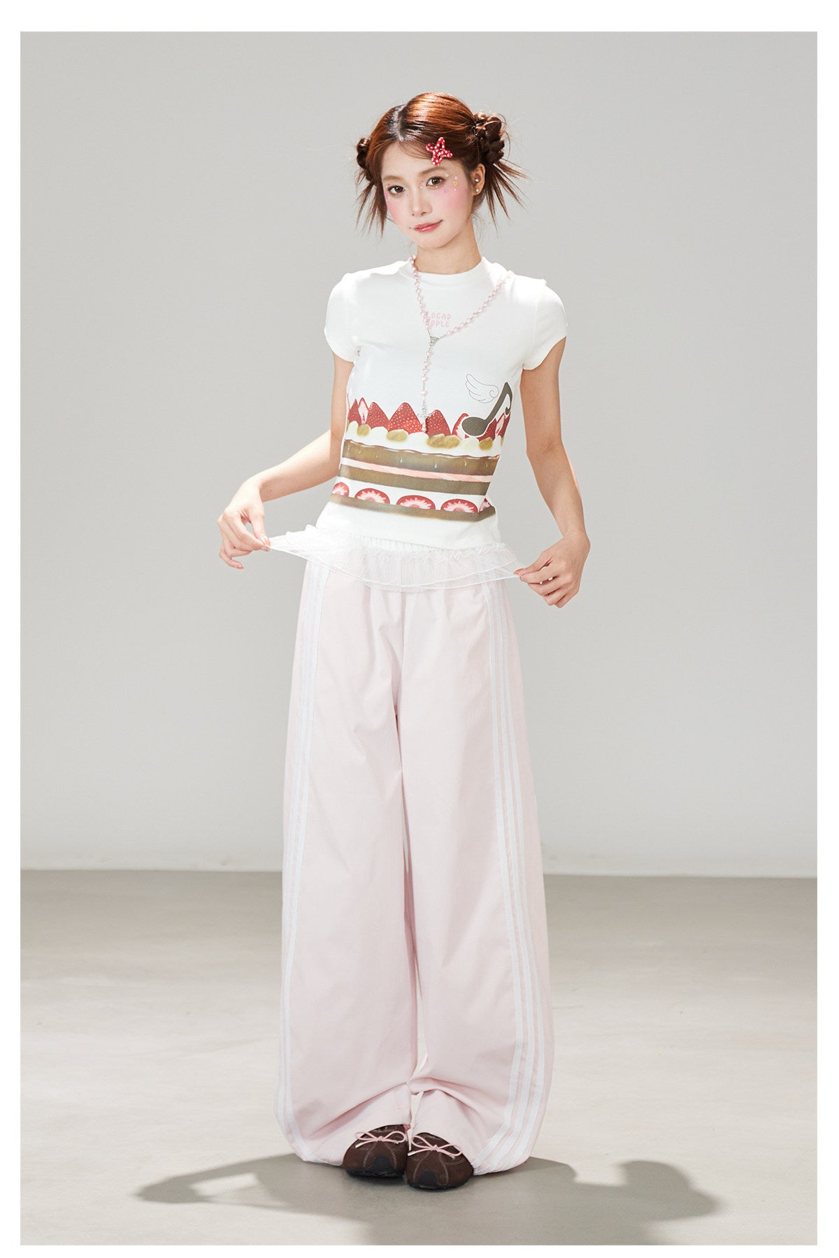 Ruffle Waist Side Stripe Wide-Leg Pants