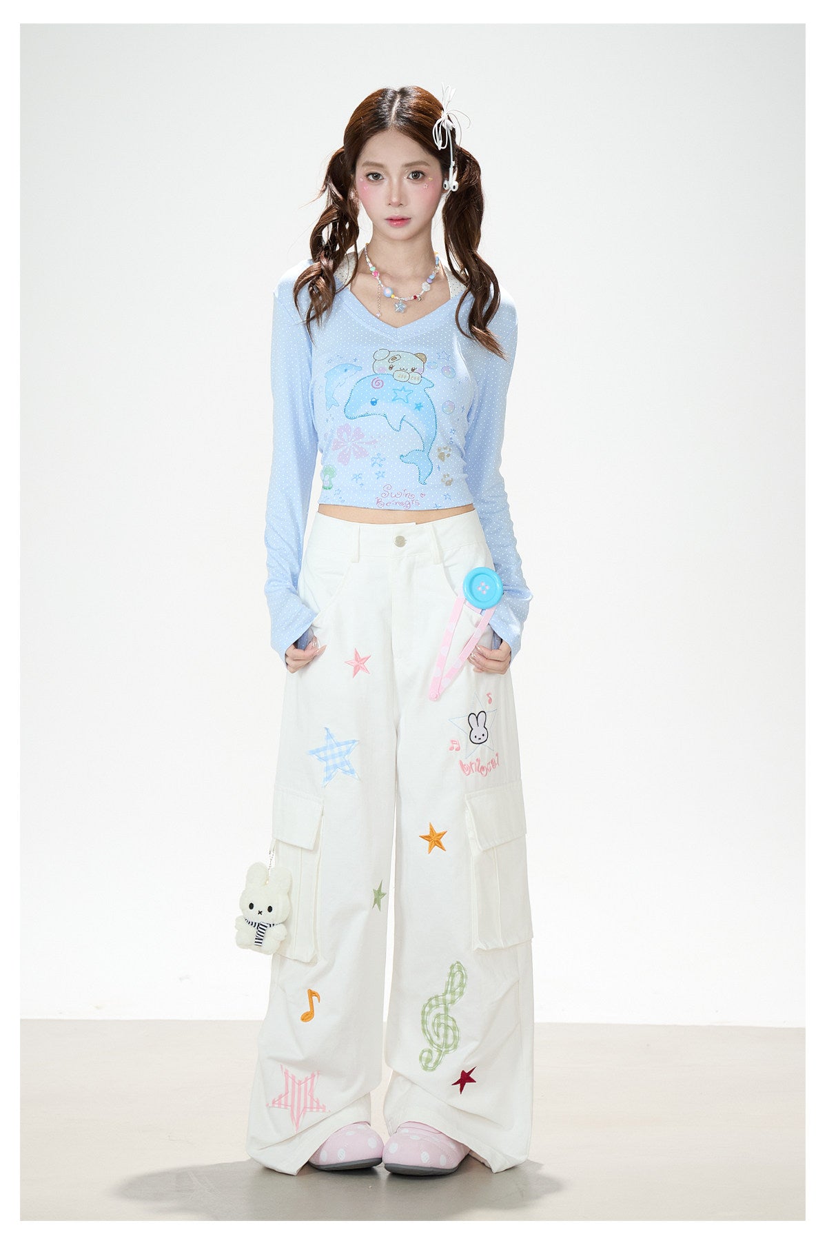 Cartoon Patch Embroidered Wide-Leg Cargo Pants