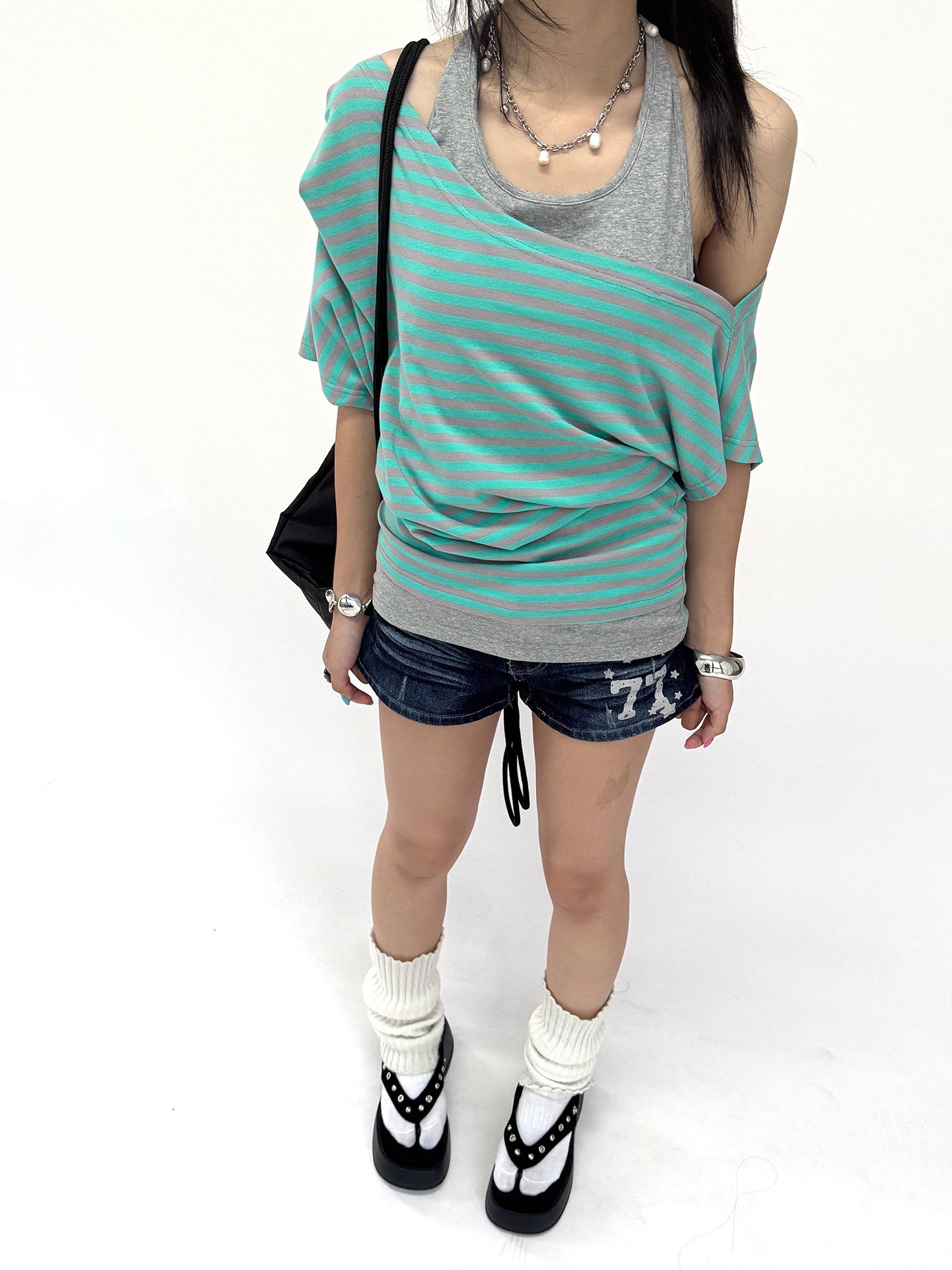 Mint Stripe Off-Shoulder Layered Halter Tee