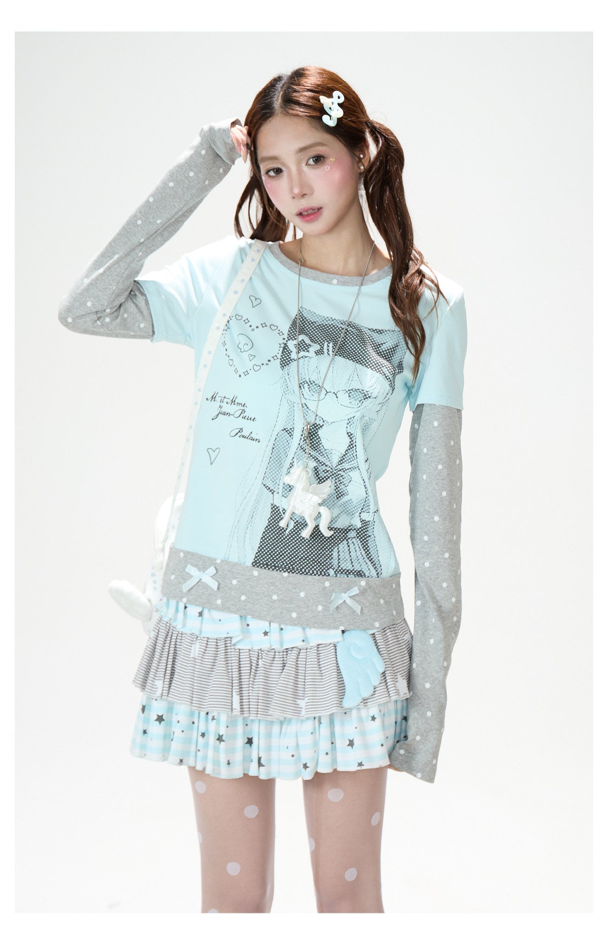 Anime Girl Polka-Dot Layered Long Sleeve Top & Star Tiered Ruffle Mini Skirt
