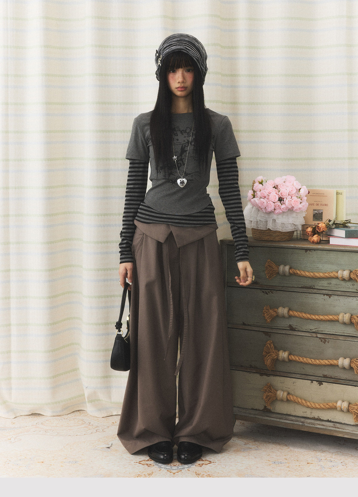Foldover Tie Wide-Leg Trousers