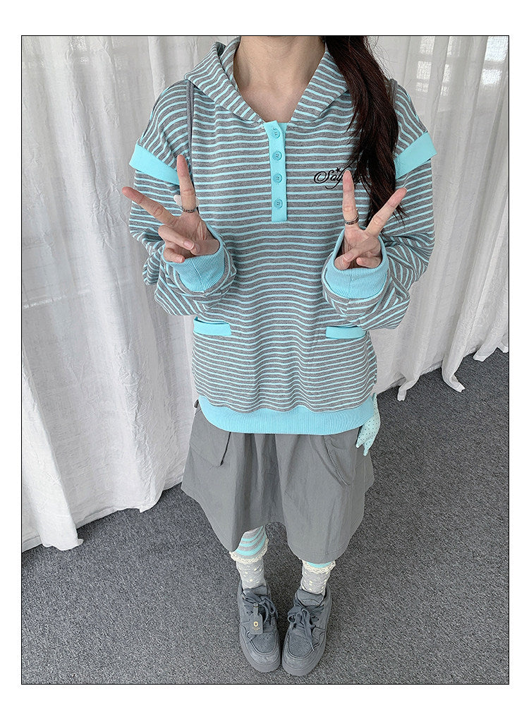 Striped Half-Placket Hooded Pullover