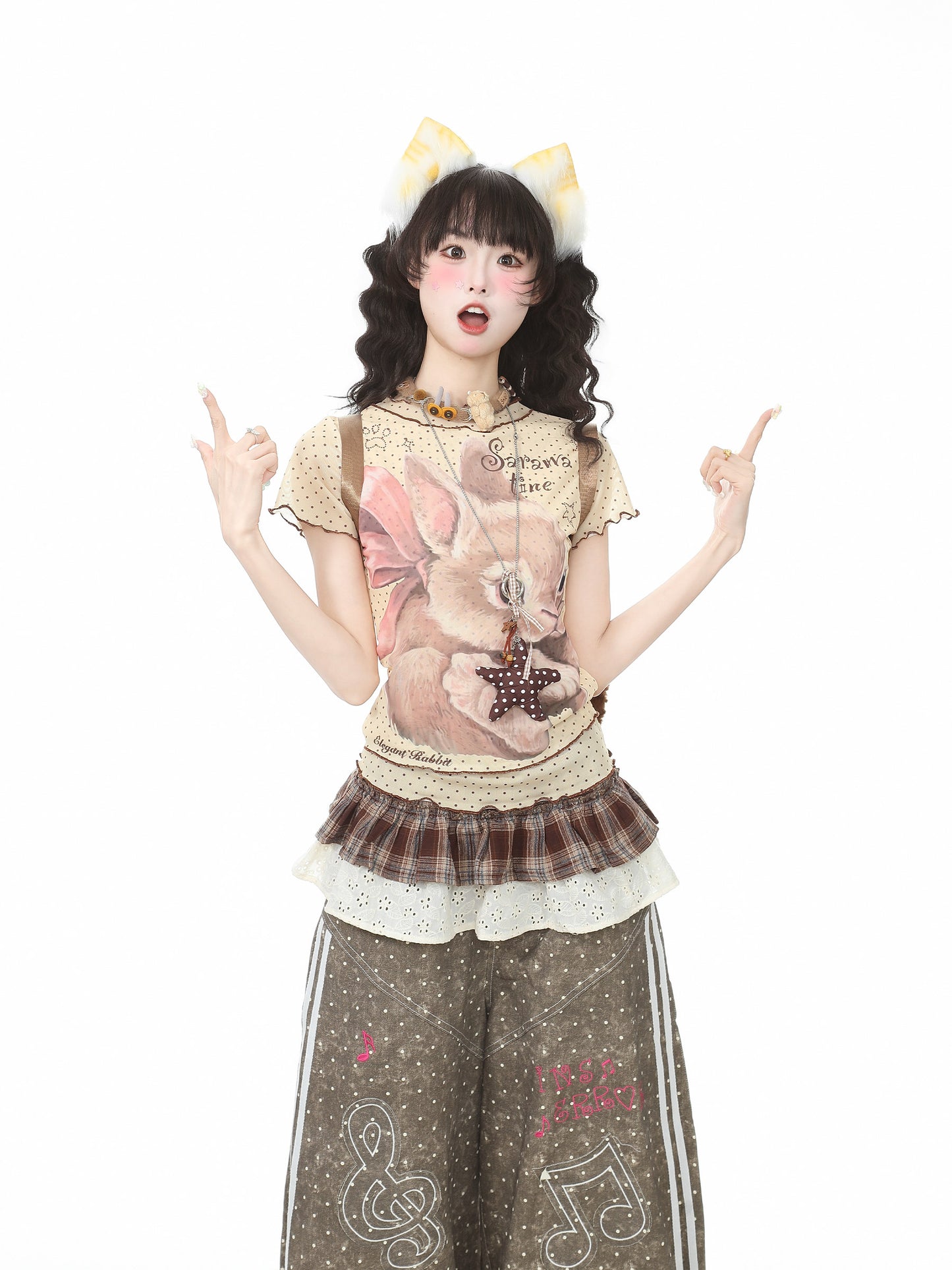 Ribbon Bunny Polka Dot Lettuce-Edge Tee