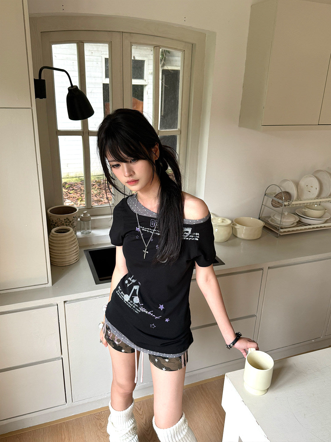 Asymmetric Music Note Faux-Layer Fitted Tee