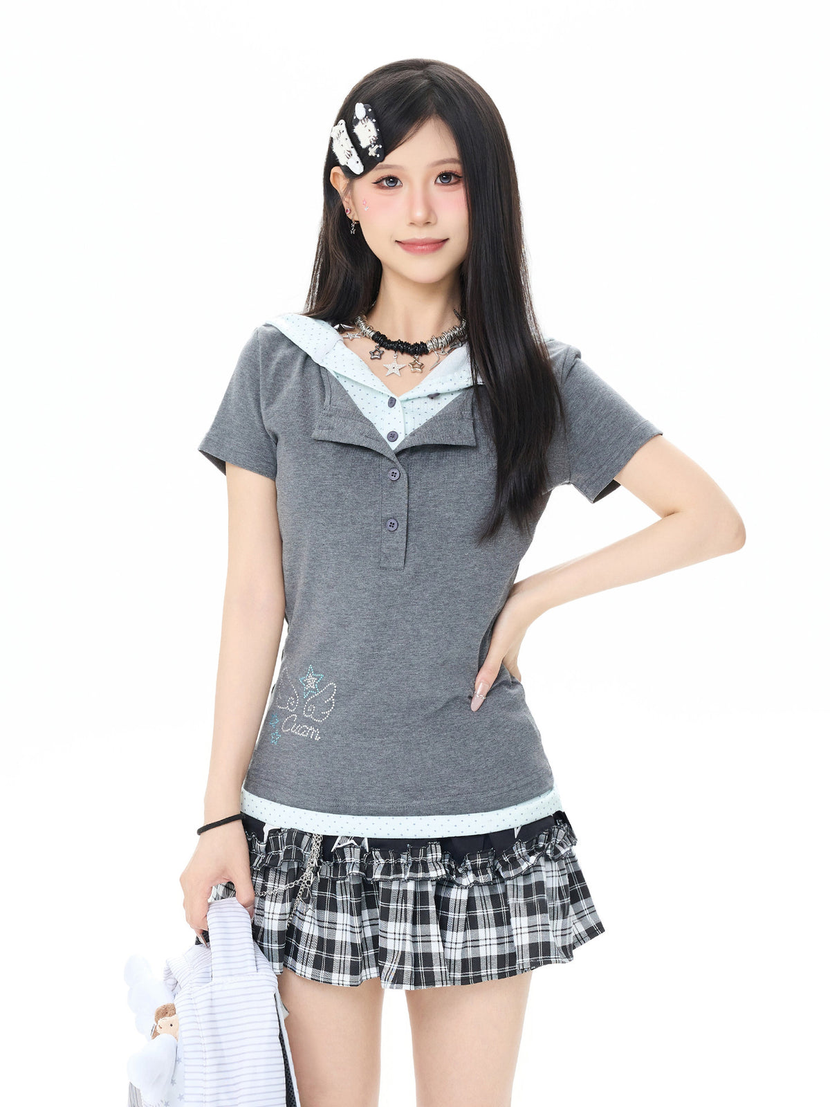 Starry Rhinestone Polka Dot Layered Hood Tee