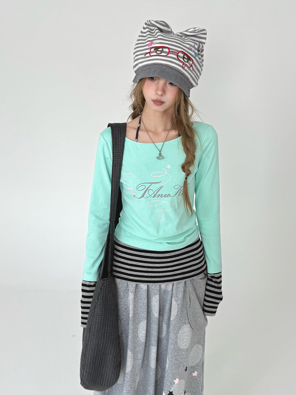 Mint Star Script Faux-Layered Long Sleeve Top