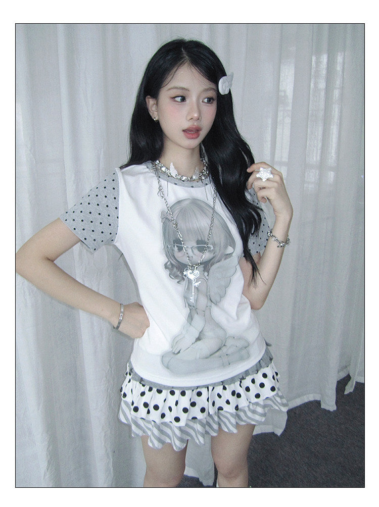 Angel Girl Contrast-Sleeve Graphic Tee