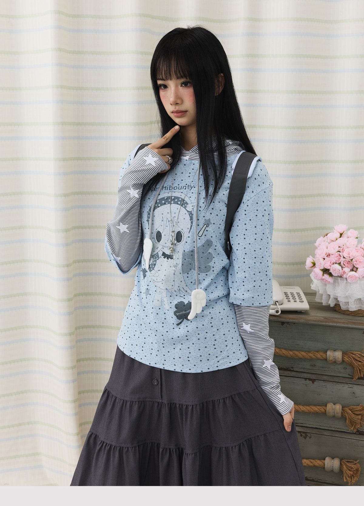 Cartoon Star Print Faux-Layer Hooded Top