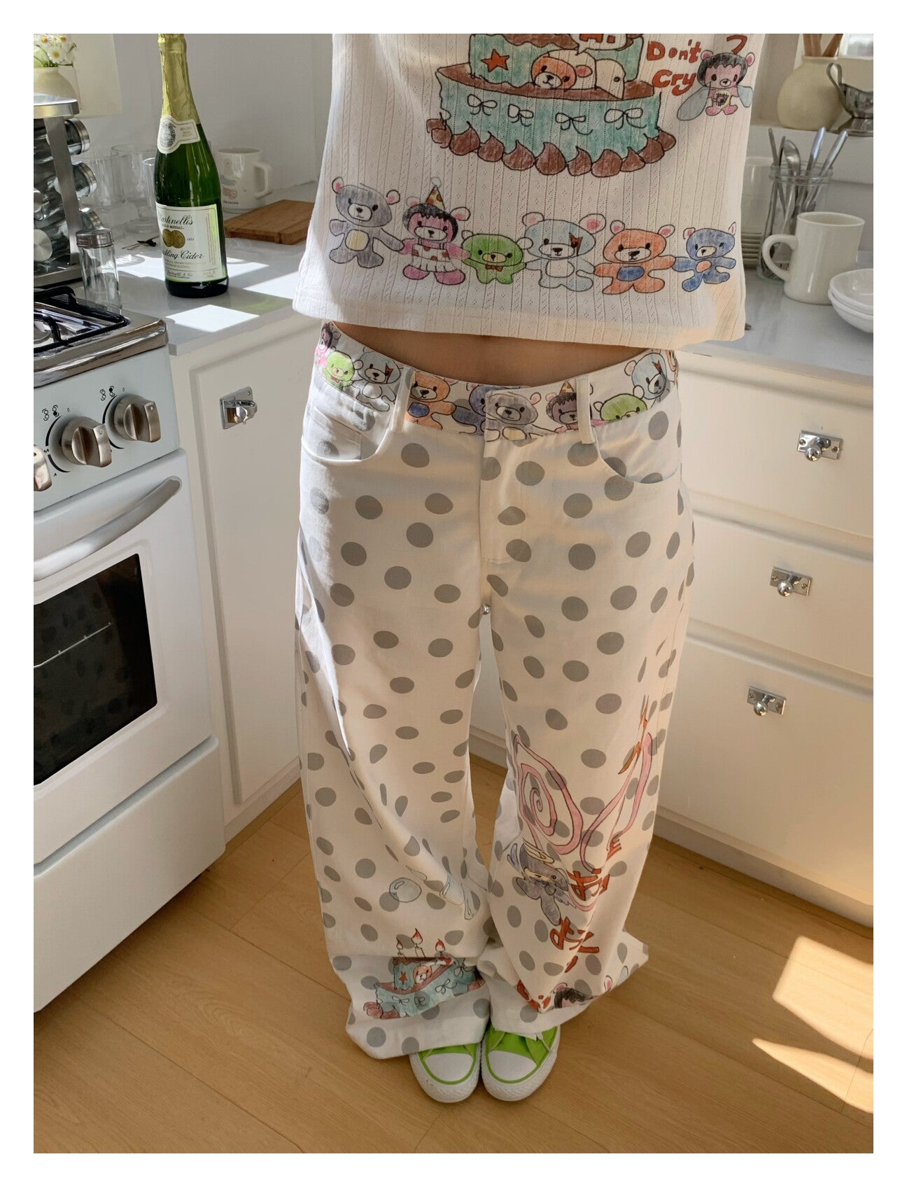 Happy Birthday Bear Gray Polka Dot Wide-Leg Pants