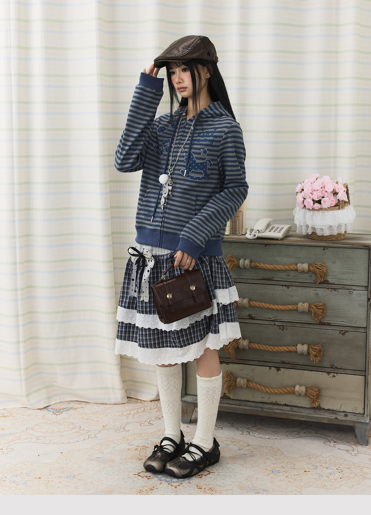 Asymmetric Plaid Lace Tiered Midi Skirt