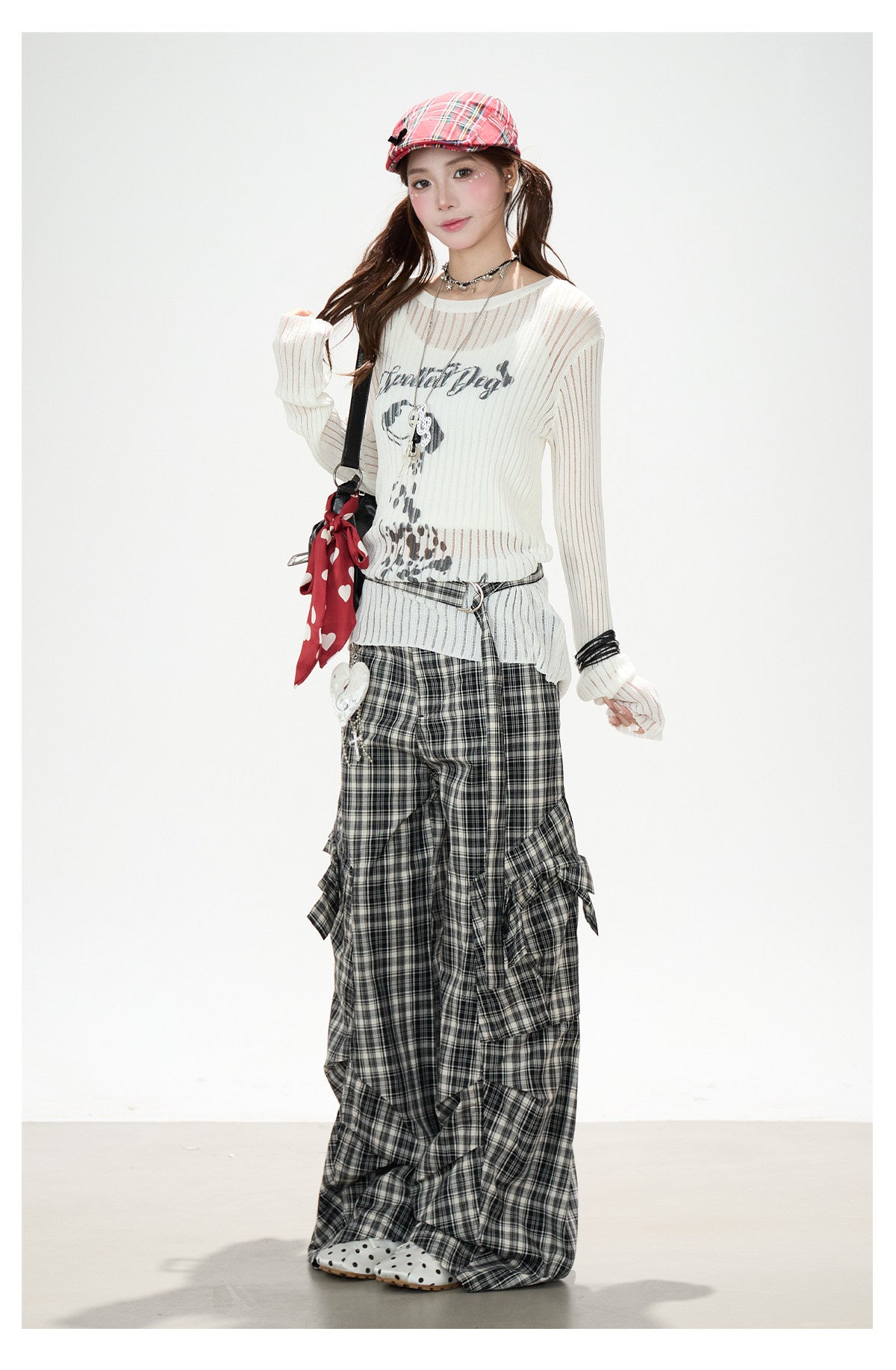 Bow Plaid Cargo Wide Leg Pants