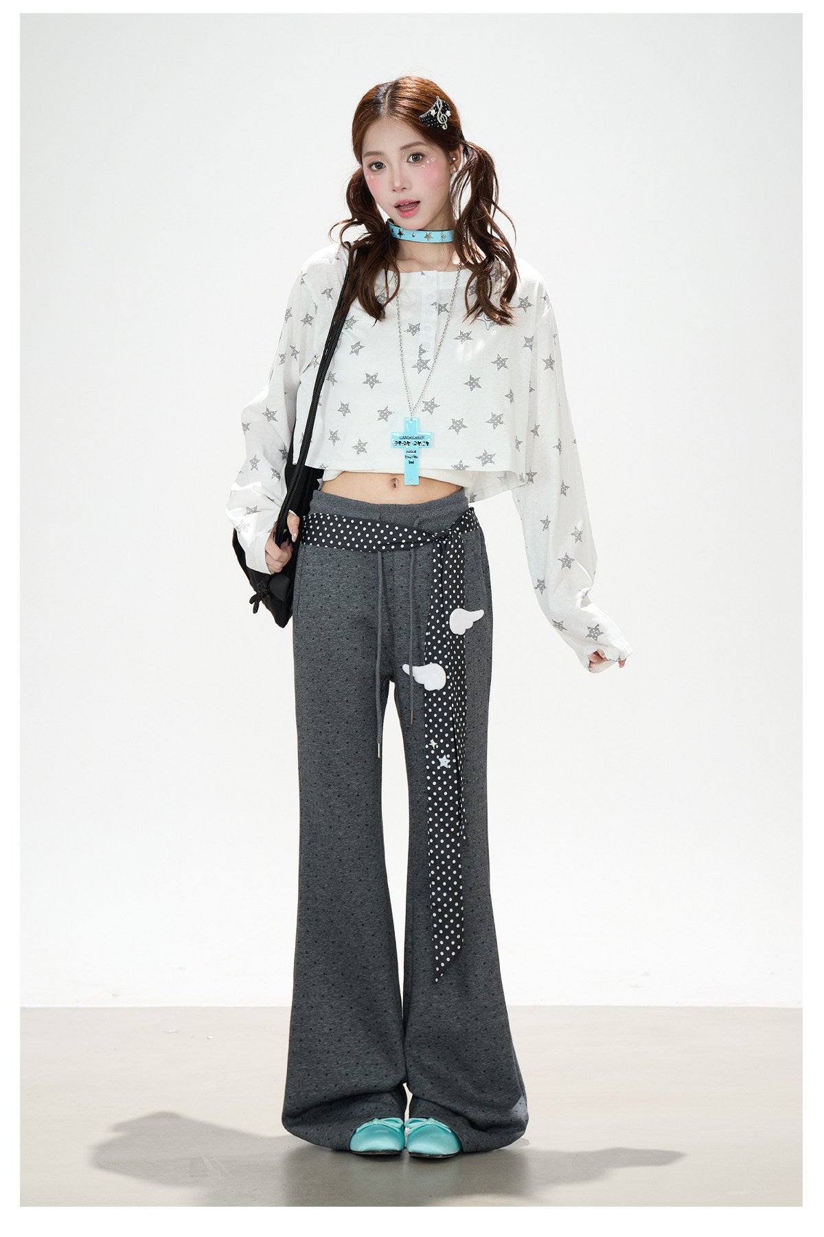 Allover Star Cropped Long Sleeve Top & Dark Heather Gray Wide Leg Pants