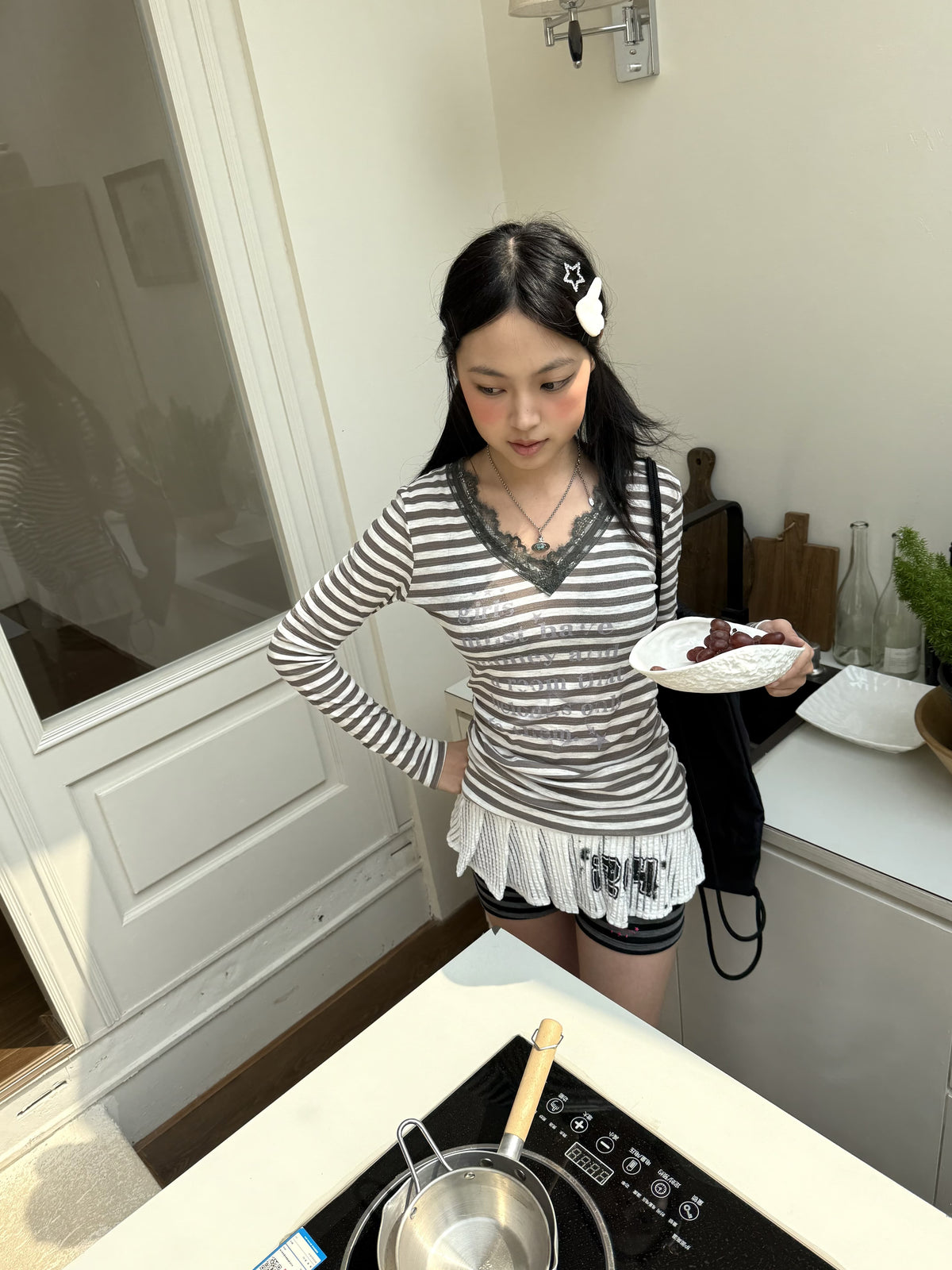 Gray Stripe Lace V-Neck Graphic Long Sleeve Tee