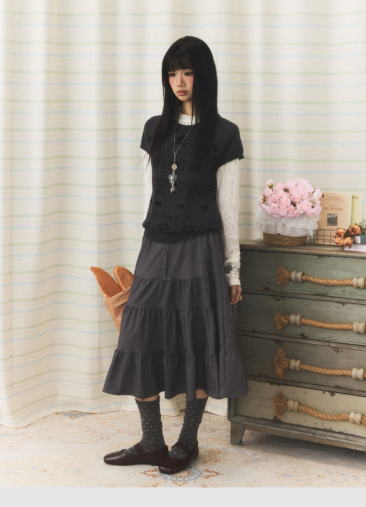 Floral Lace Long Sleeve & Jacquard Knit Short Sleeve Top