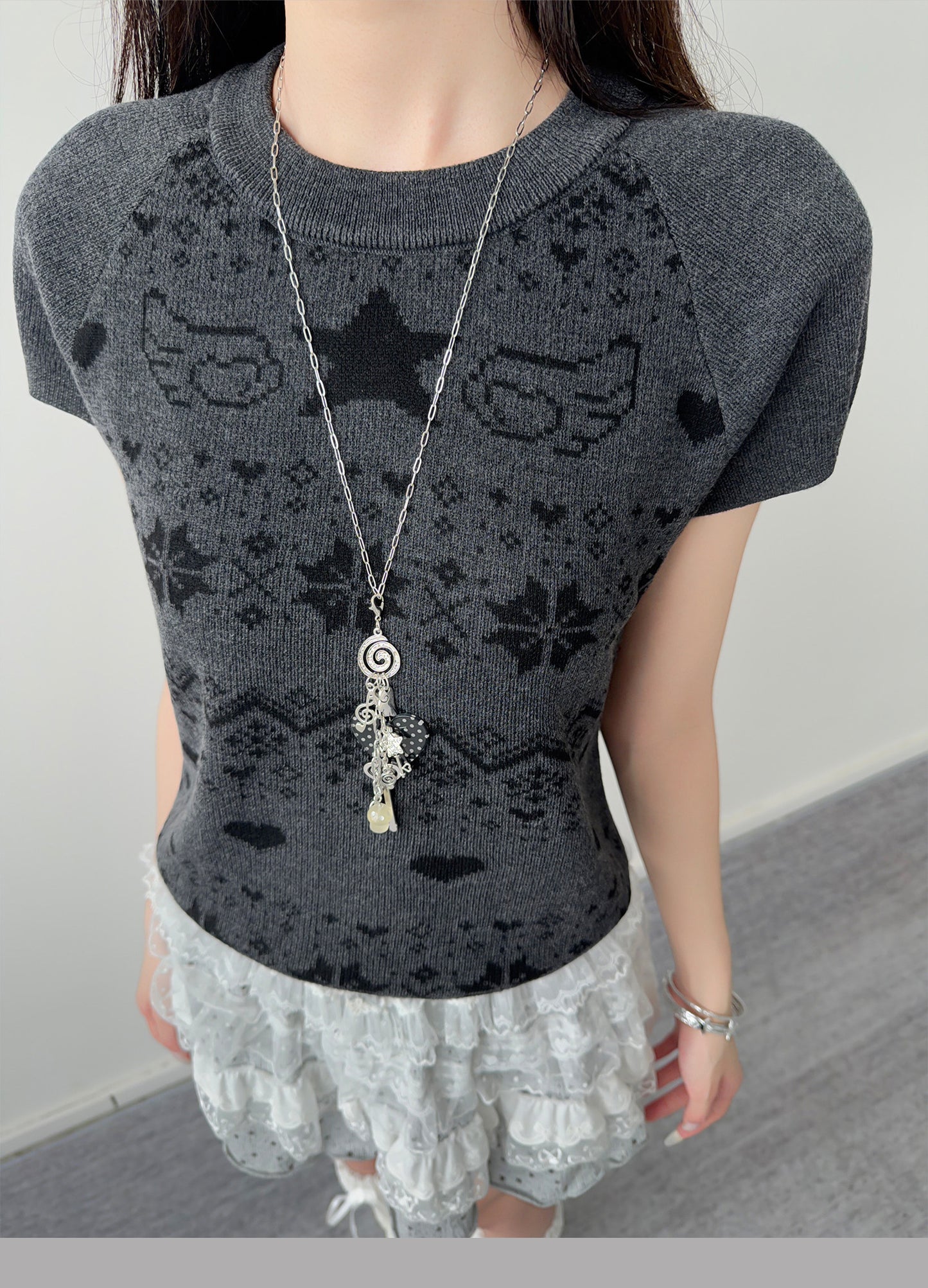 Star Wing Fair Isle Short-Sleeve Knit Top