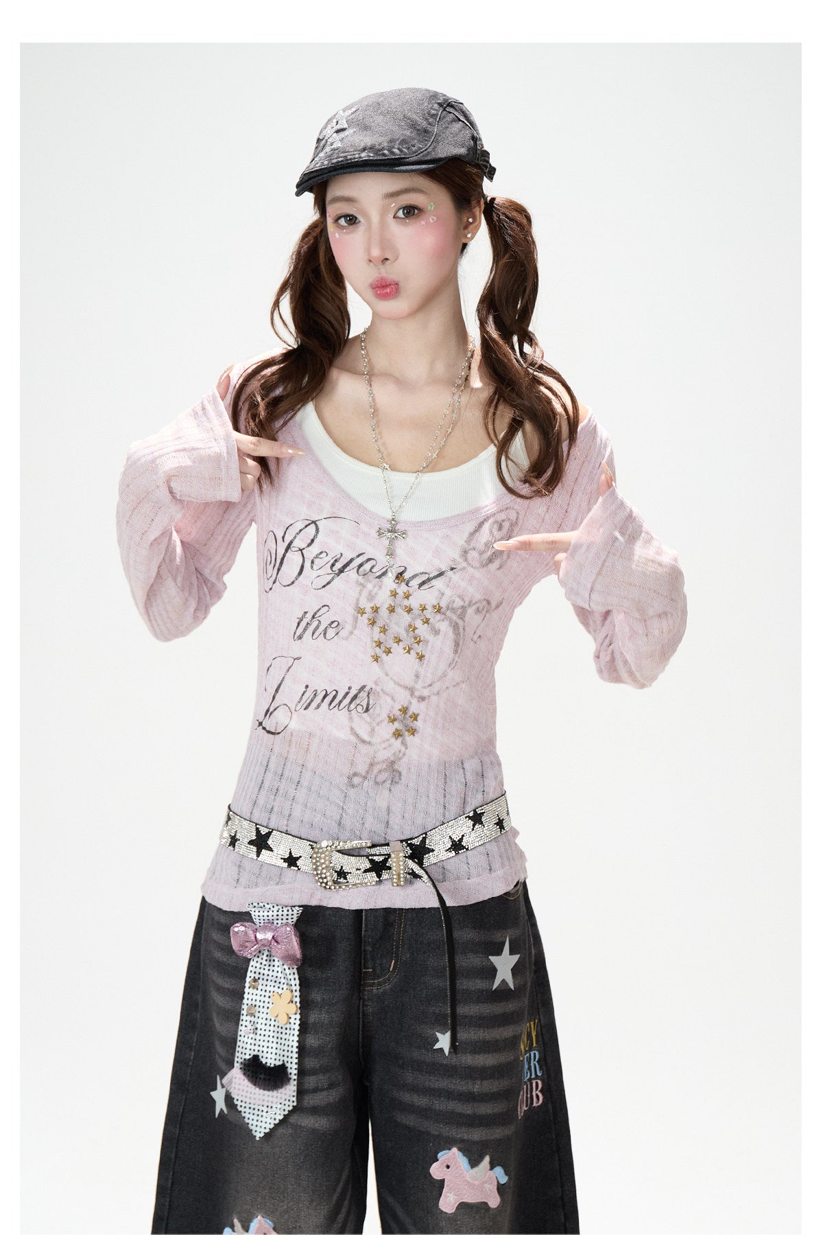 Beyond the Limits Sheer Grid Long Sleeve Top & Pony Star Wide-Leg Jeans