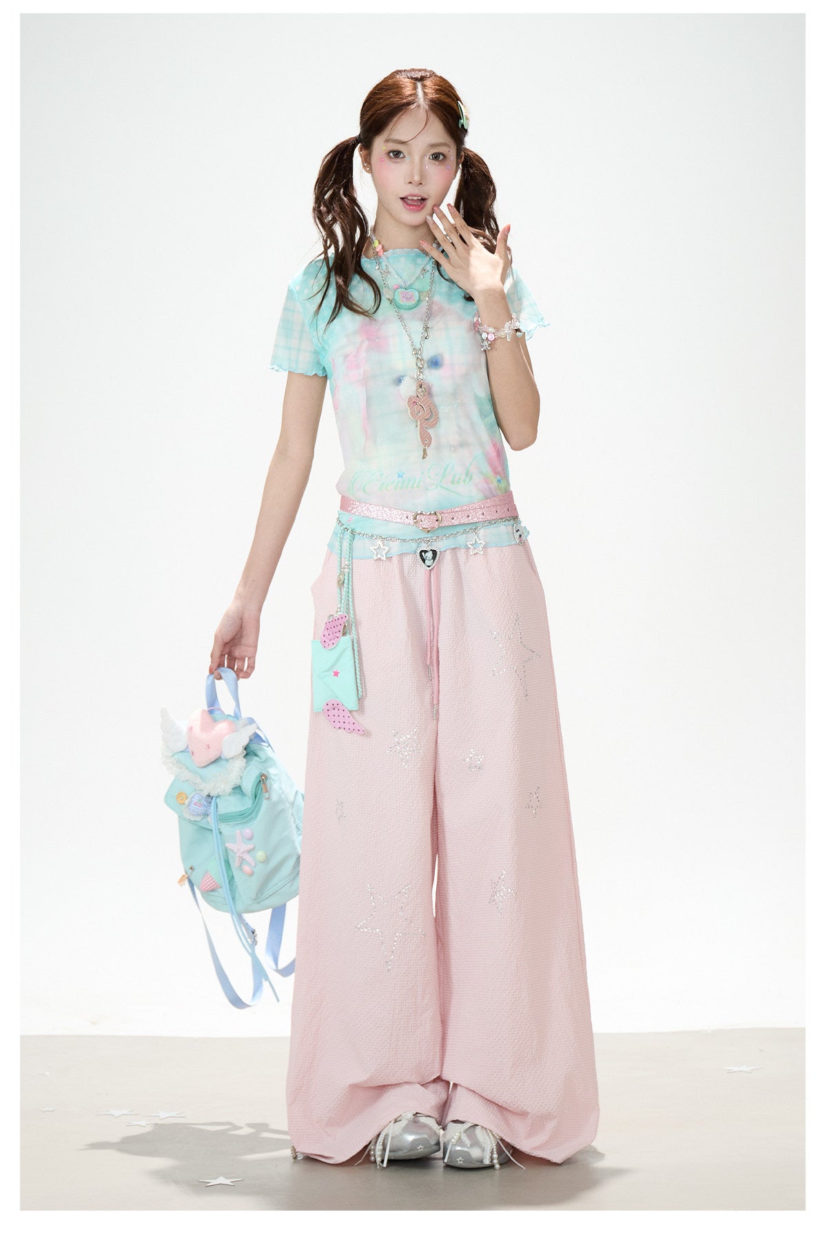 Pastel Cat Mesh Tee & Pink Star Wide-Leg Pants