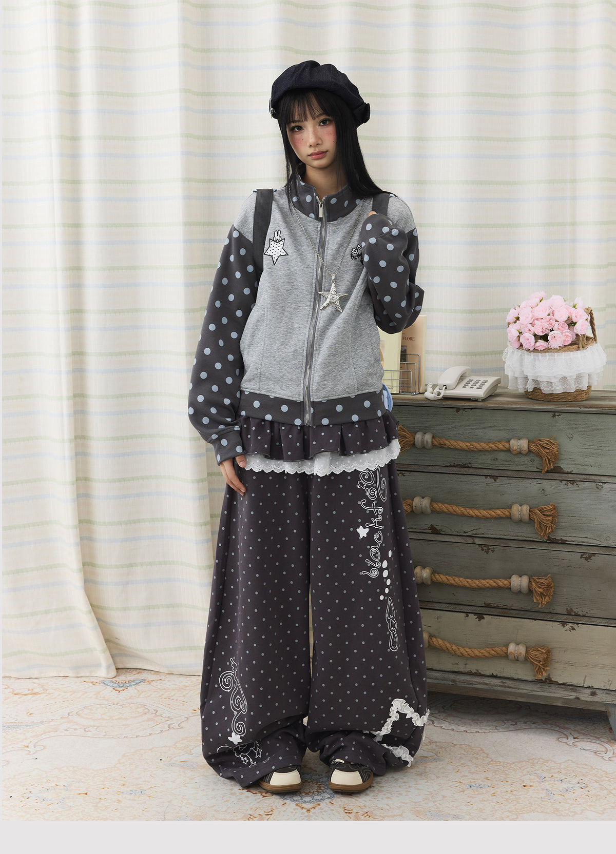 Polka Dot Contrast Embroidered Zip-Up Jacket