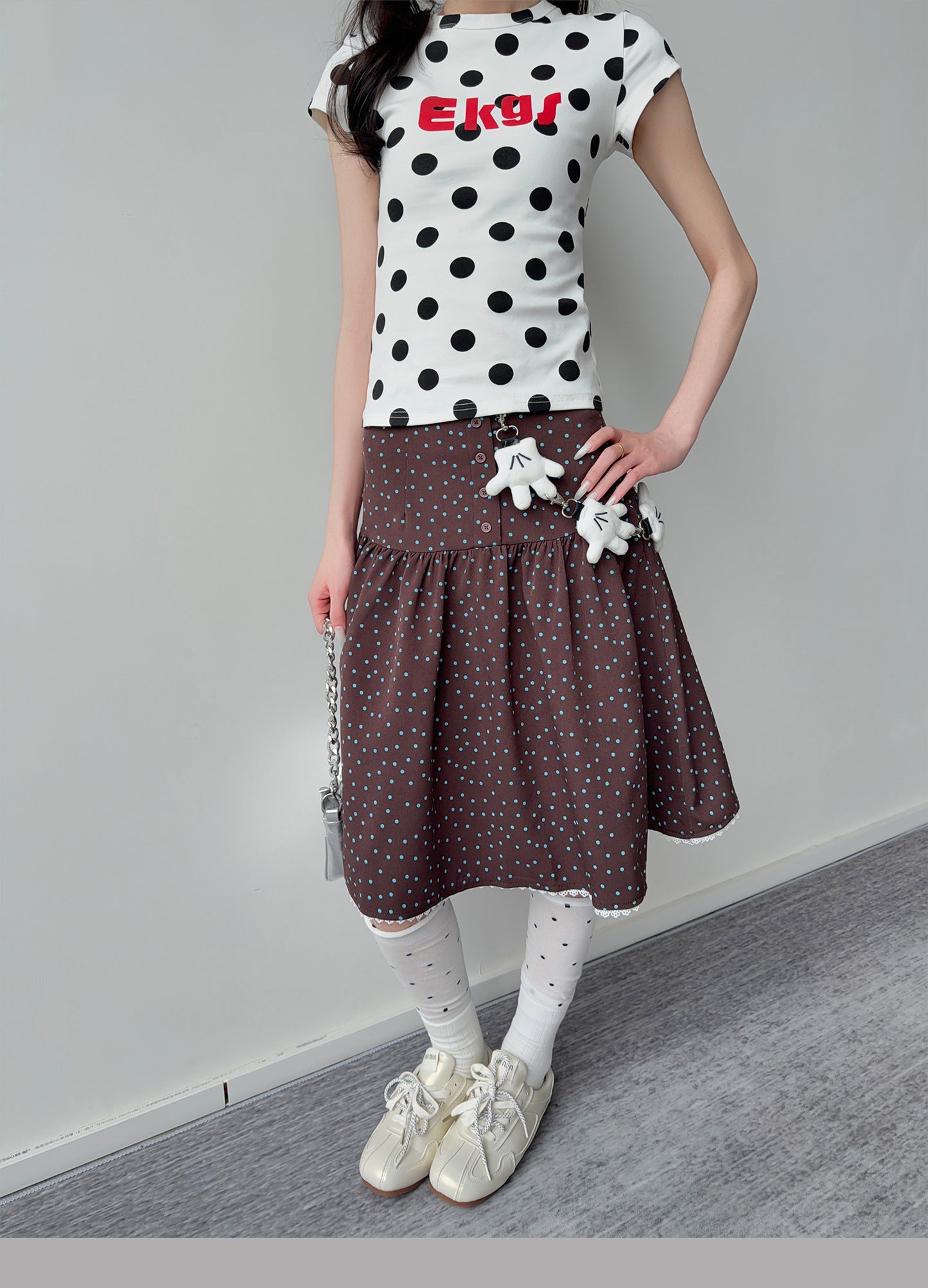 Polka Dot Button Tiered Midi Skirt