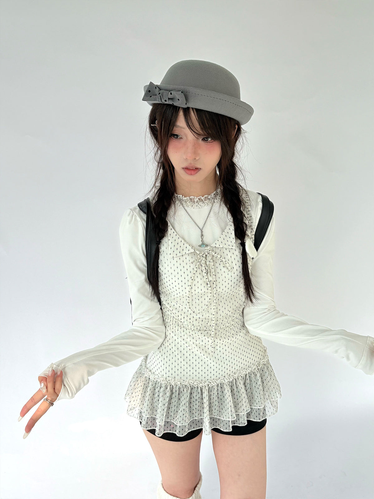 Polka Dot Mesh Ruffle Faux-Layered Long Sleeve Top
