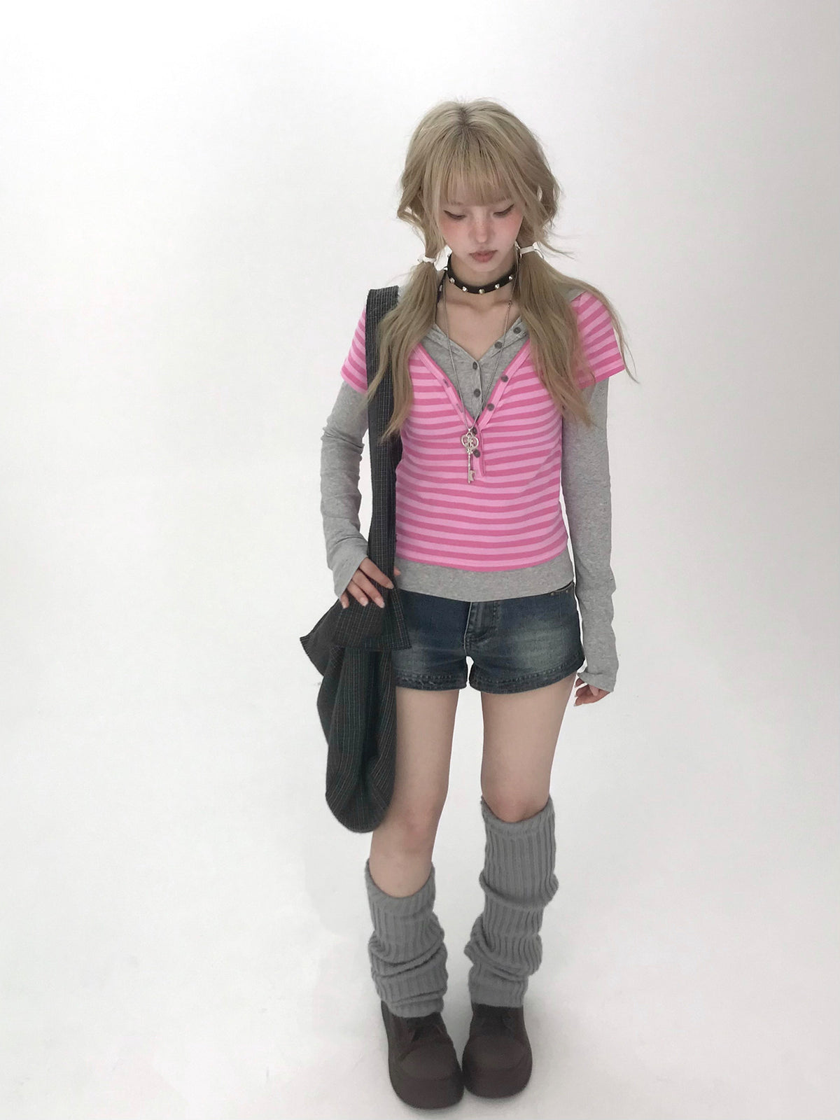 Striped Faux-Layered Hooded Long Sleeve Top