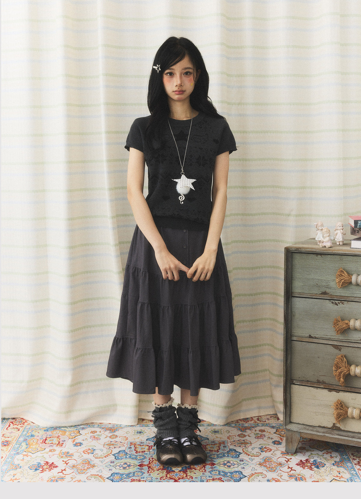 Charcoal Tiered Button Midi Skirt