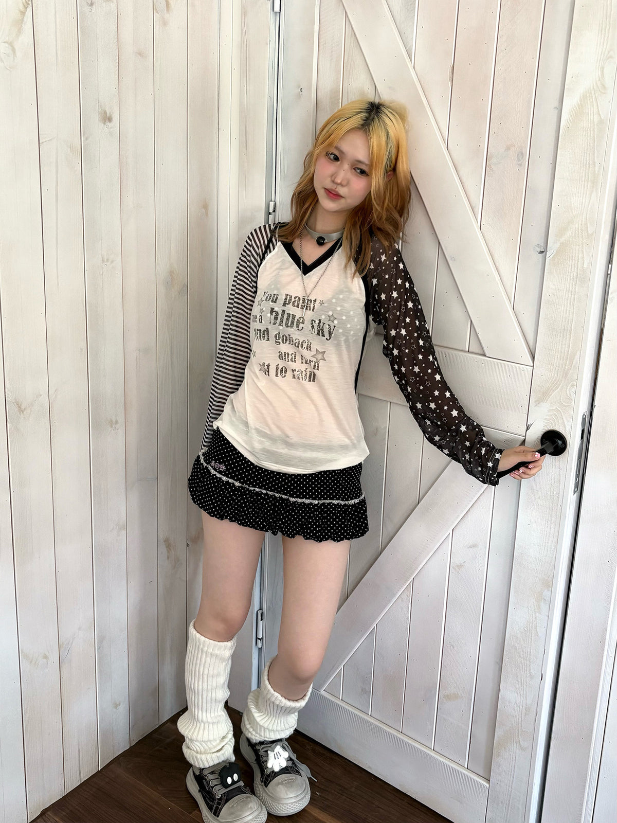 Star Mesh Stripe Contrast Lyocell Long Sleeve Top