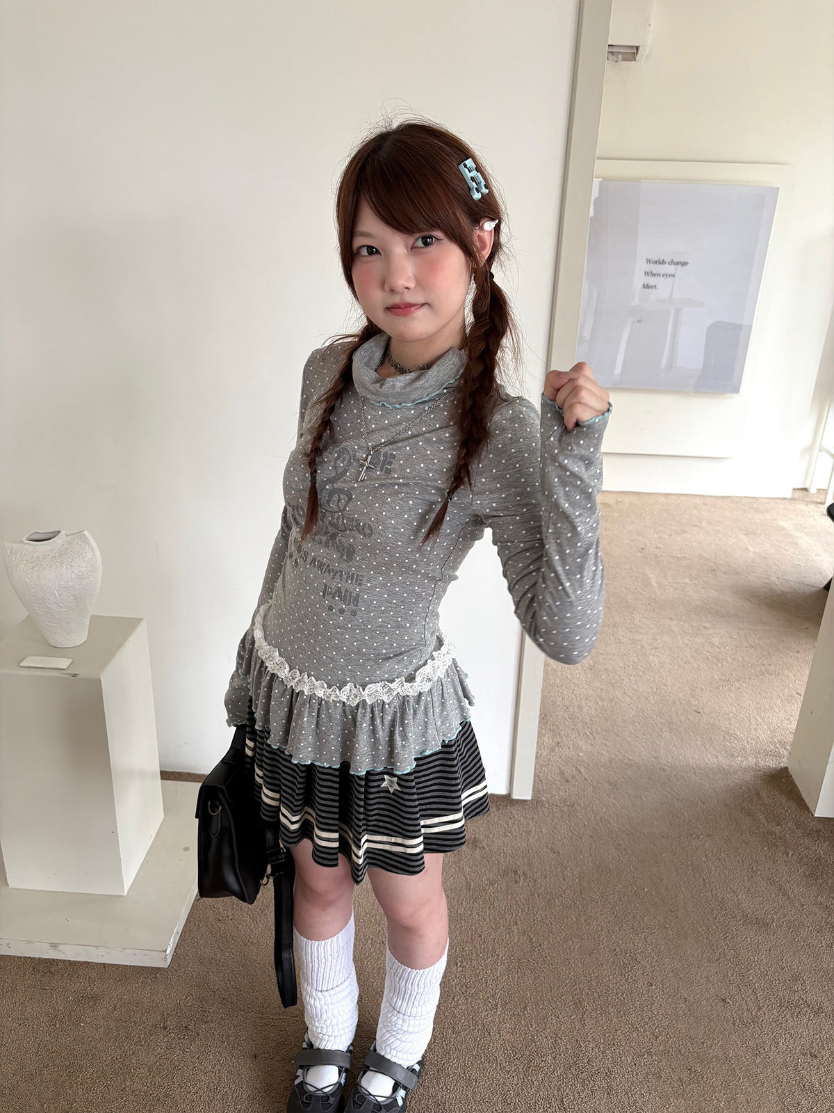 Polka Dot Lace-Trim Mock-Neck Long Sleeve Top