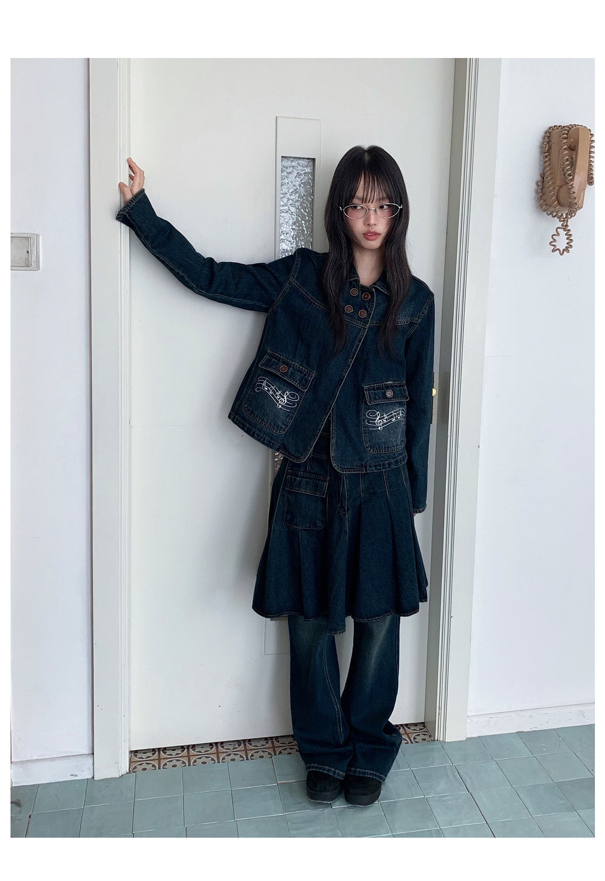 Washed Denim Utility Pleated Skirt