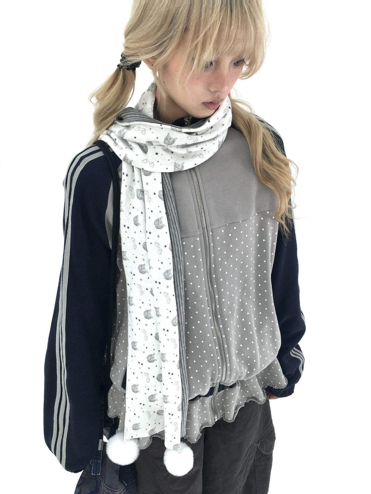 Gray Polka Dot Triple-Stripe Ruffle Zip Jacket