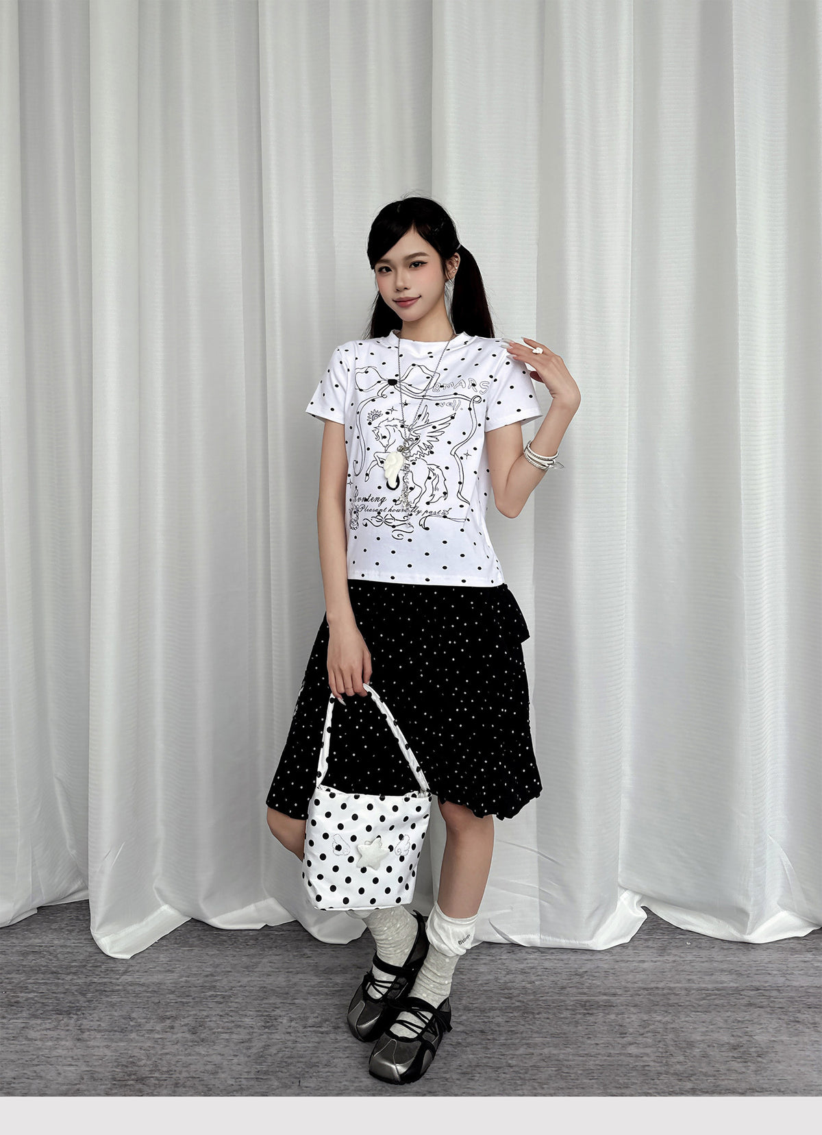 Paw Embroidered Polka Dot Tiered Midi Skirt