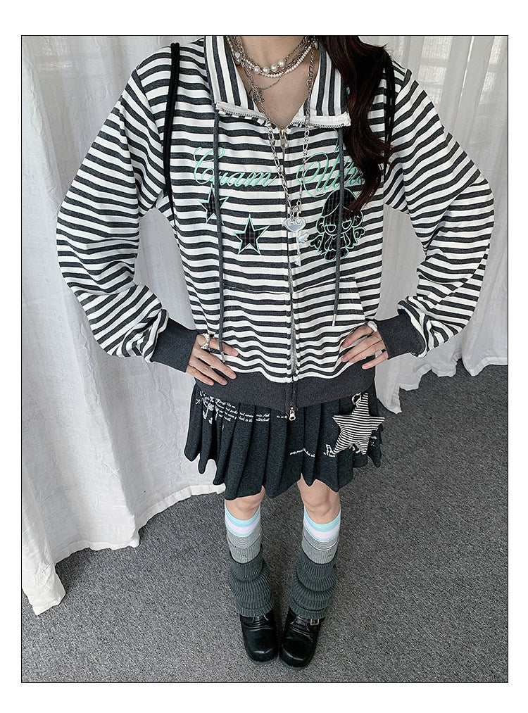 Star Charm Striped Embroidered Zip-Up Jacket
