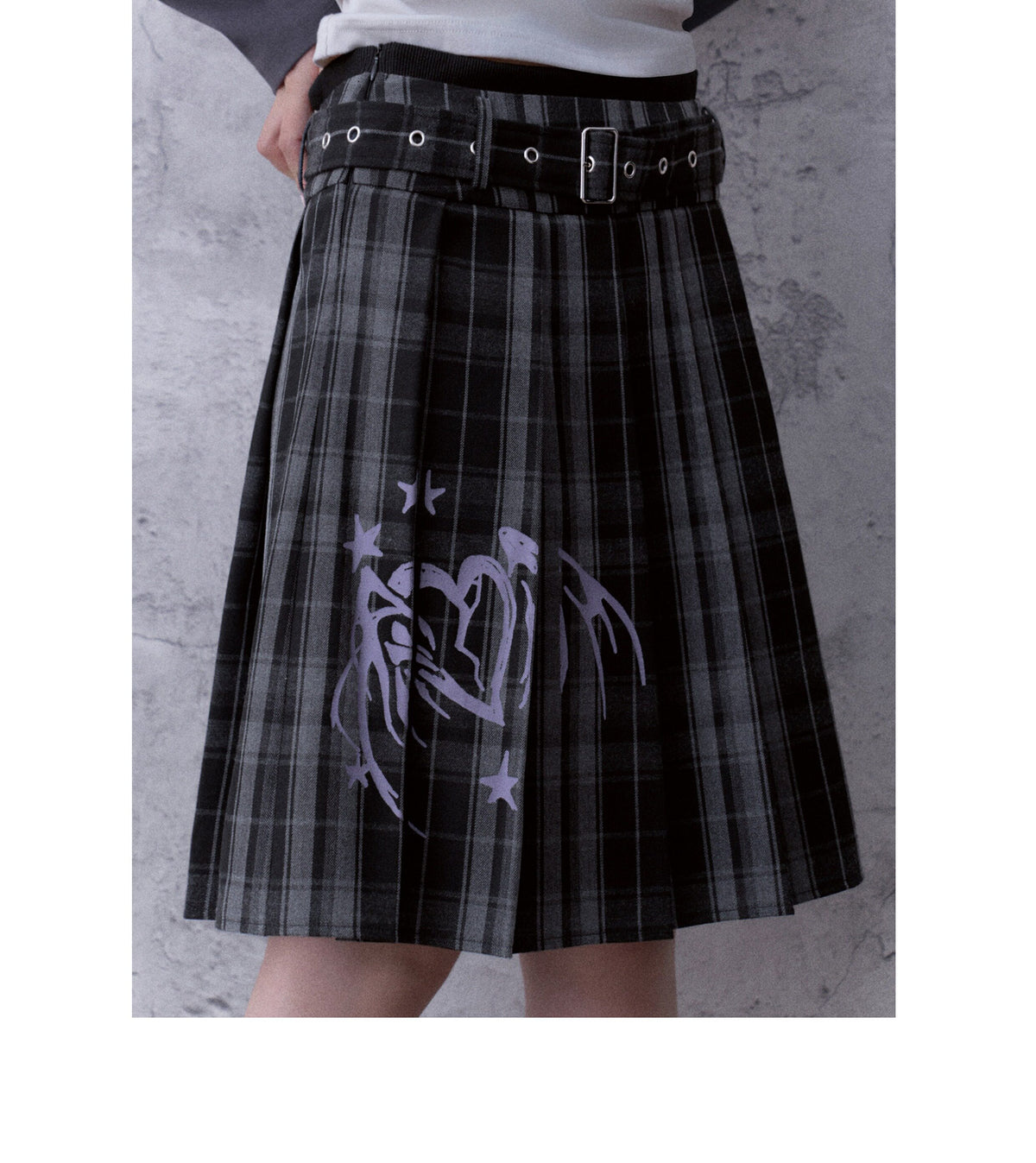 Double-Waist Graphic Plaid Pleated Midi Skirt