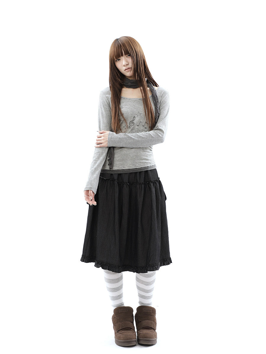 Washed Black Ruffle-Tiered Denim Midi Skirt