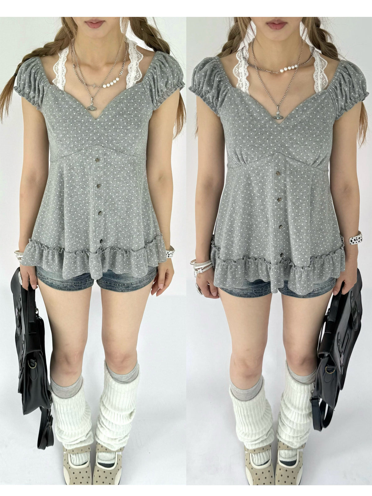Polka Dot Lace Halter Ruffle Tee