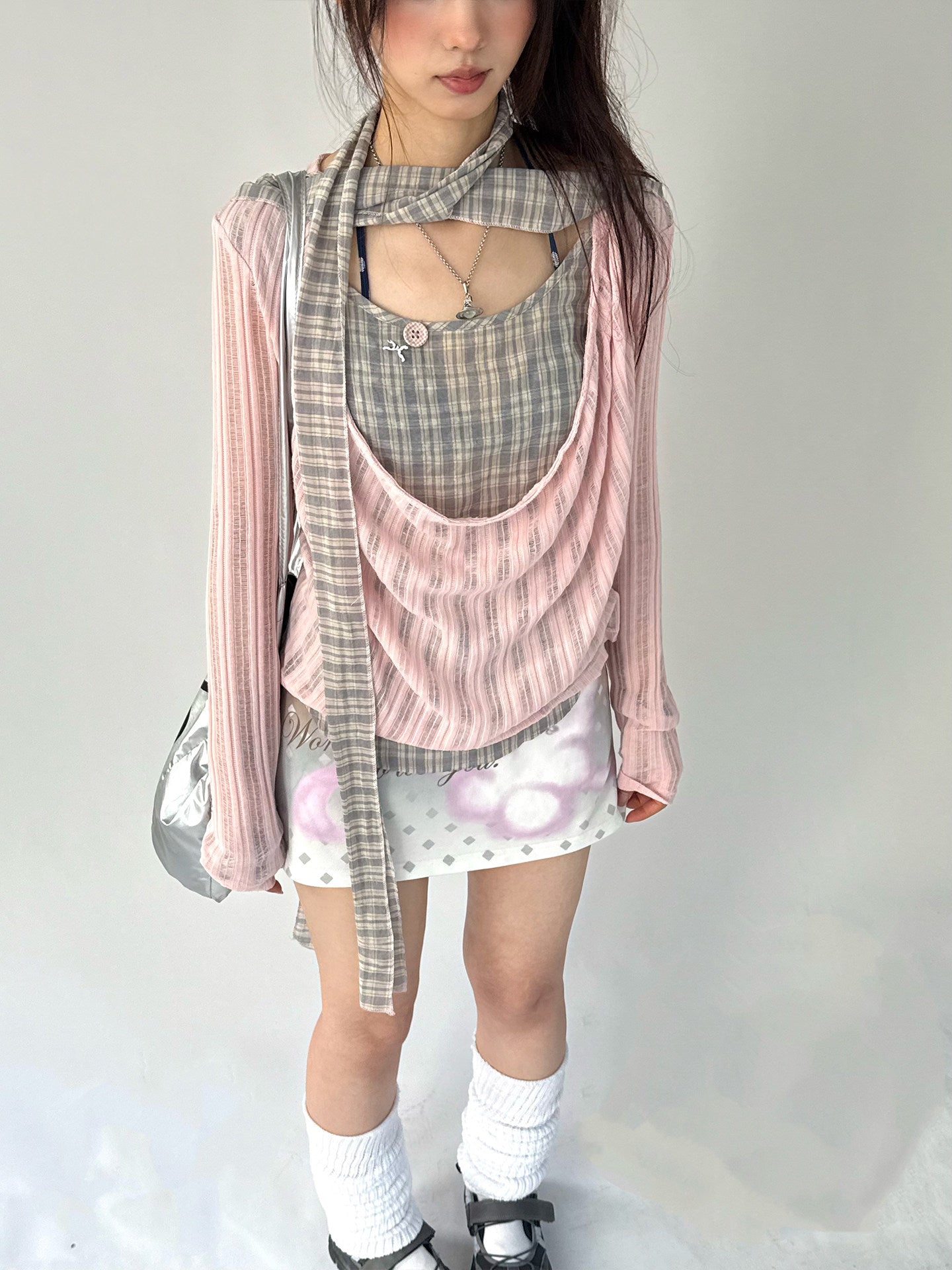 Dusty Pink Plaid Cowl-Neck Layered Top