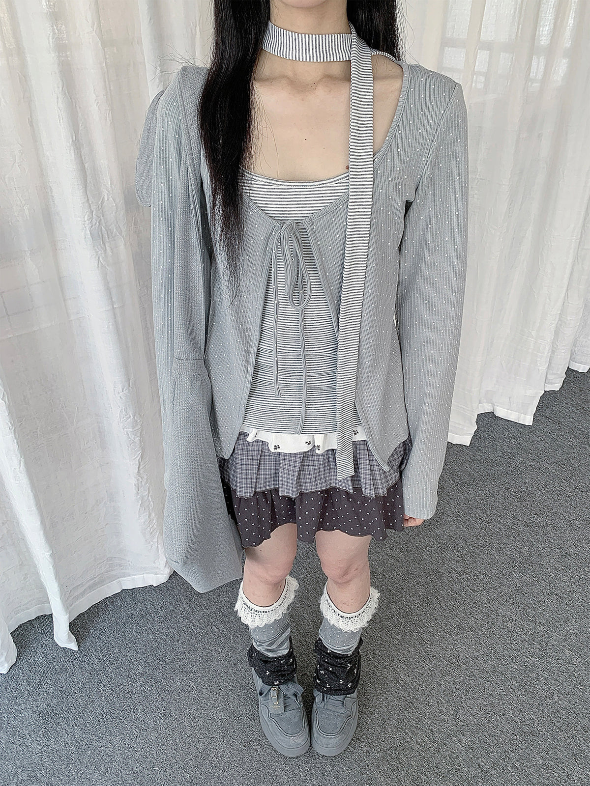 Polka Dot Tie Cardigan & Striped Cami Set