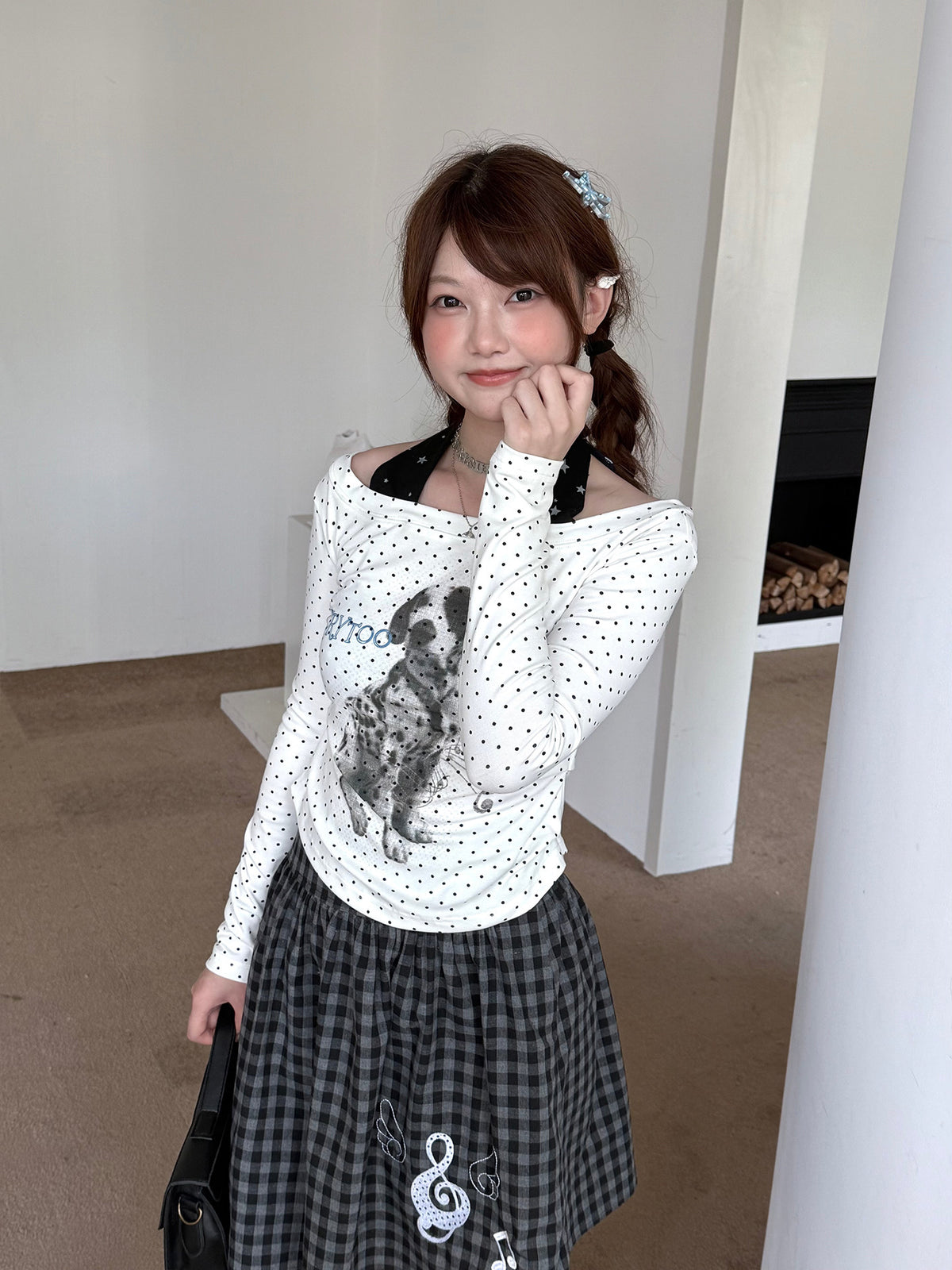 White Polka Dot Puppy Off-Shoulder Long Sleeve Top