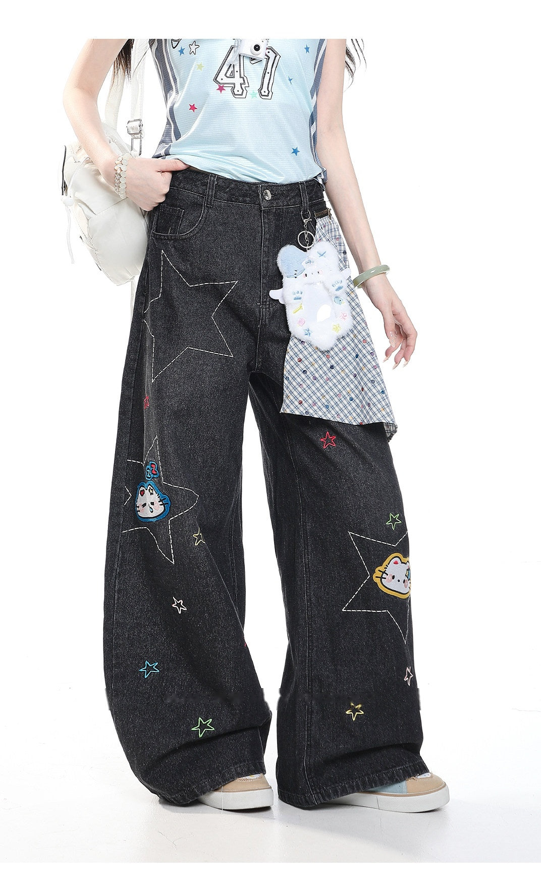 Star Kitty Embroidered Wide-Leg Jeans with Plush Charm
