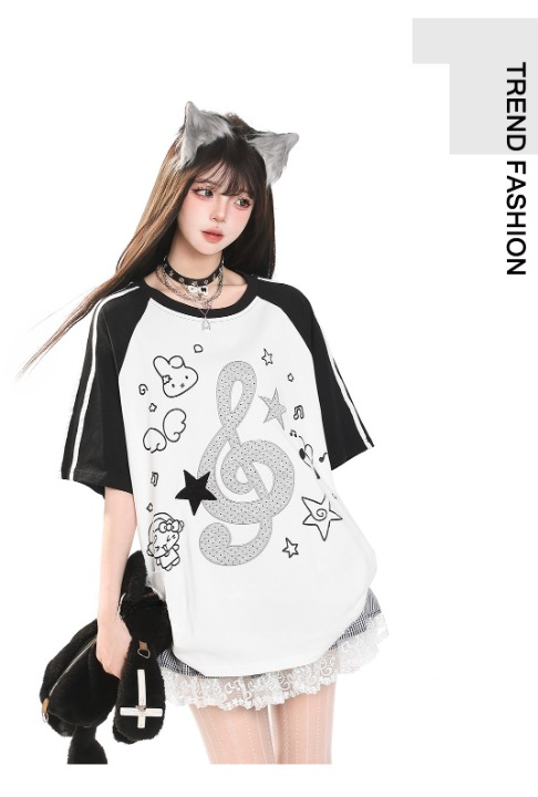 Music Note Star Raglan Tee — Oversized Short Sleeve