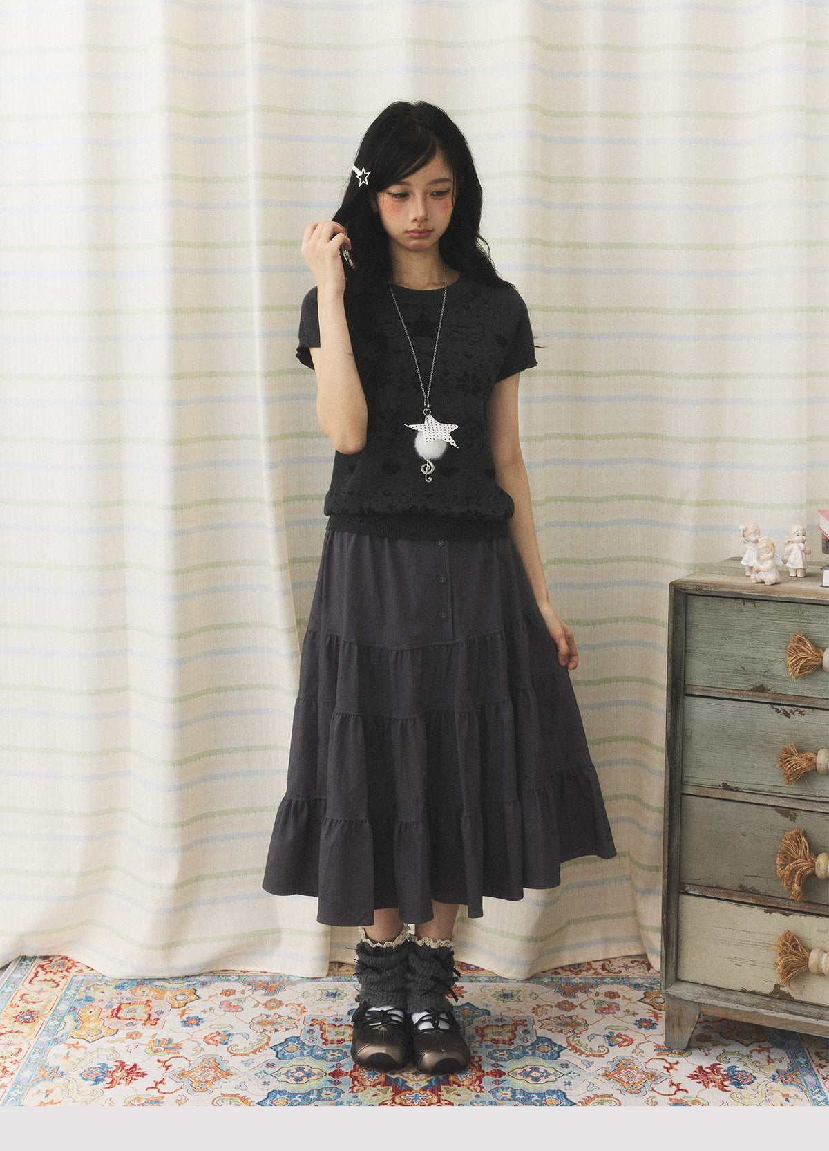 Vintage Jacquard Knit Short Sleeve Top