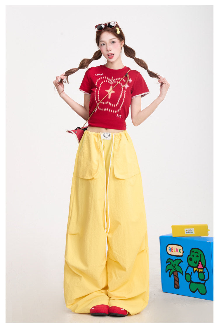 Red Star Baby Tee & Yellow Wide-Leg Pants