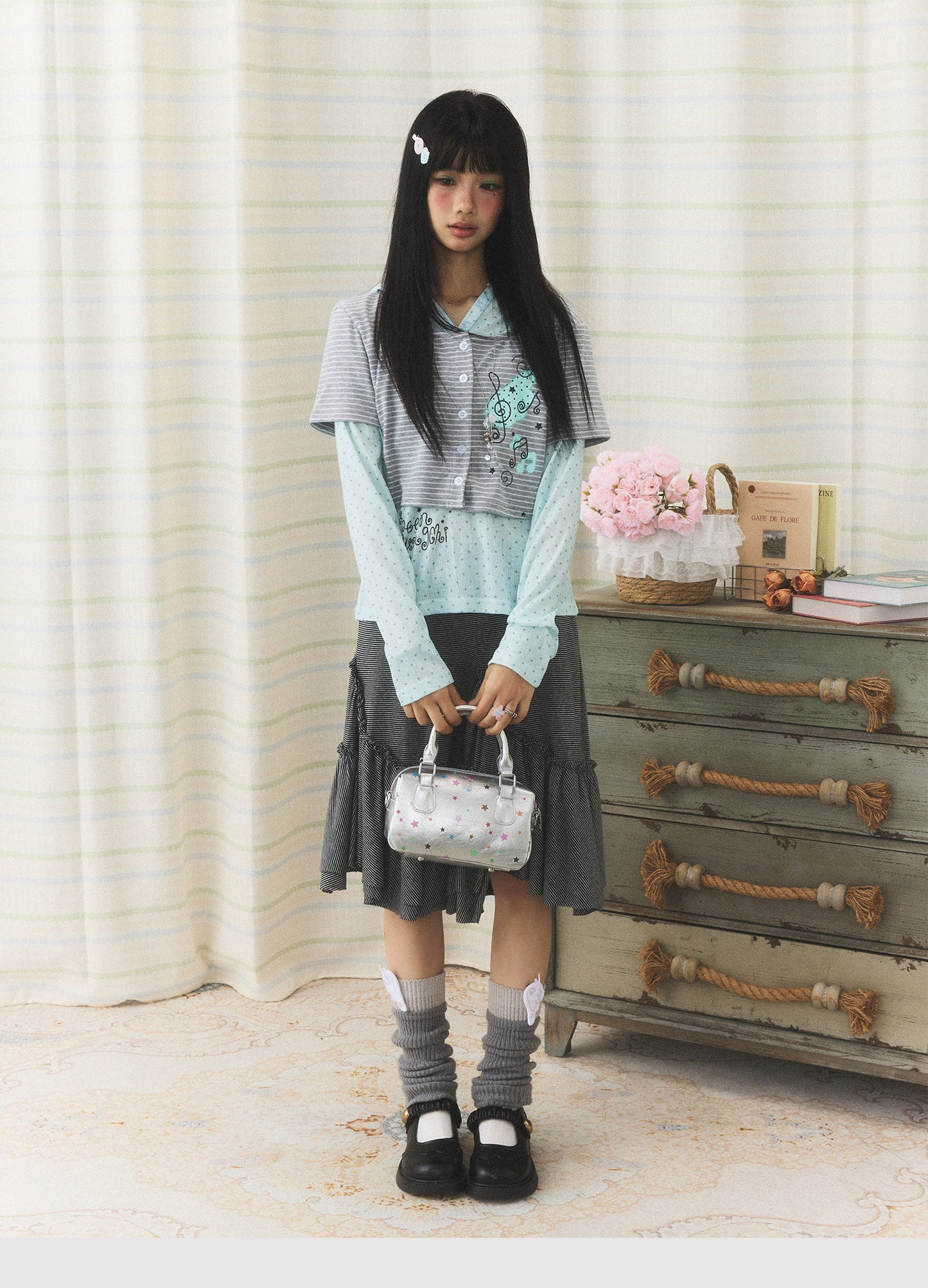 Mint Melody Faux-Layer Hooded Long-Sleeve Top